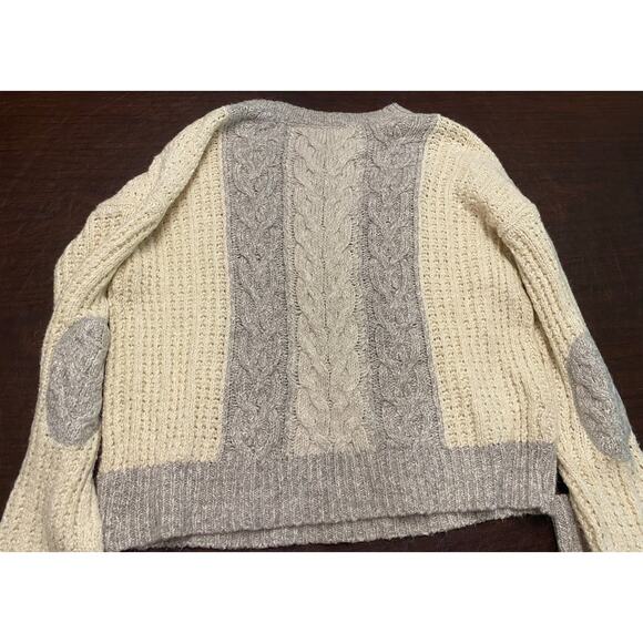 Anthropologie Sleeping on Snow Cable‎ Knit Sweater Cream & Gray Elbow Patches SM - Picture 2 of 8